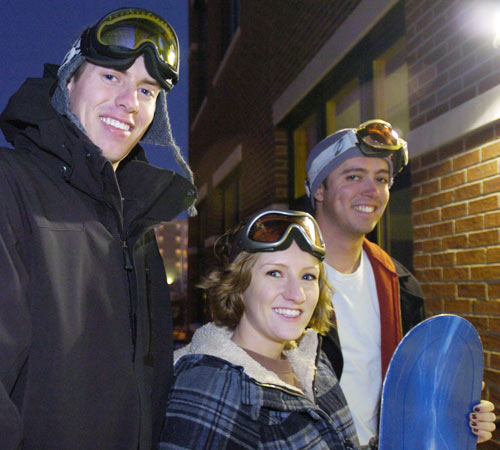 Brian Eckstein, senior in LAS, Dana Schlake, junior in LAS, and Joe Tortorelli, senior in Aviation, members of the Illinois Ski and Snowboarding Club pose for a photo. Erica Magda
