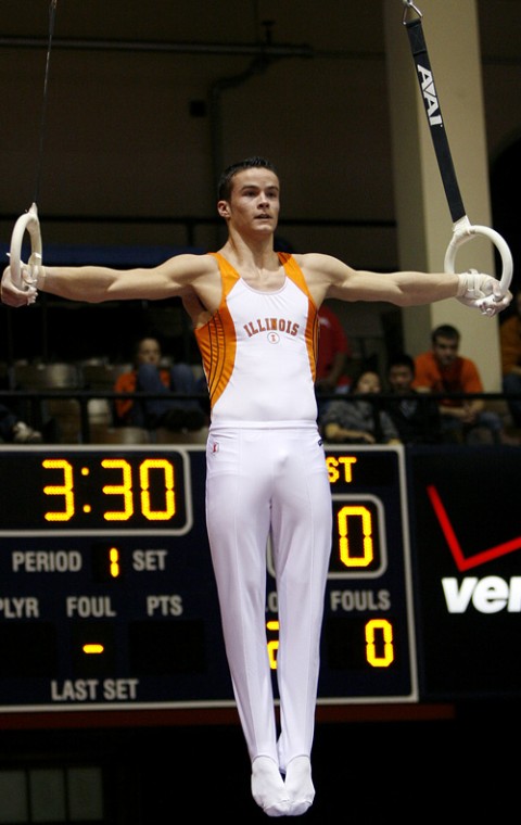 Donald Eggert The Daily Illini Illinois Paul Ruggeri performs on the rings at the gymnastics meet at Huff Hall on Saturday, January 24th 2009. Ruggeri won the all-around, helping the Illini defeat the Ohio State Buckeyes 351.950-349.050
