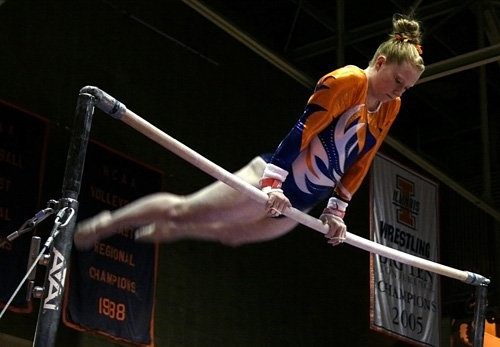Donald Eggert The Daily Illini Illinois Kelsey Joannides performs on the uneven bars during the Gymnastics meet against Penn State University at Huff Hall on Saturday, January 17th.
