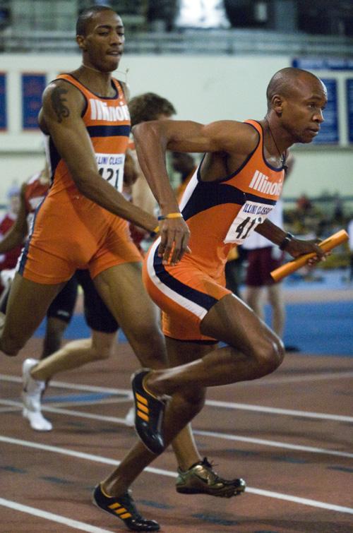 Brad Meyer The Daily Illini Lesiba Masheto sprints ahead after recieving the batton in the mens 4x400 meter relay at the Carle/Health Alliance Invitational held in the armory on Saturday, Jan. 24, 2009.
