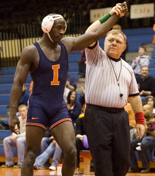 Ned Mulka The Daily Illini Illinois Roger Smith-Bergsrud is proclaimed winner by the referee over Indianas Paul Young during the wrestling match at Huff Hall on Friday, Feb. 13th, 2009.Smith-Bergsrud won by decision 12-7 and the Illini defeated the Hoosiers 25-6 to improve to 4-1 in the Big Ten.
