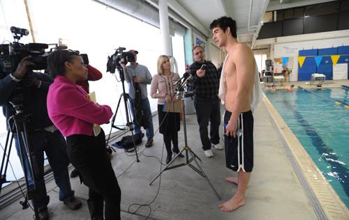 Olympic gold medalist Michael Phelps answers questions before training at the Meadowbrook Aquatic Center on Feb. 6, in Baltimore. Gail Burton, The Associated Press
