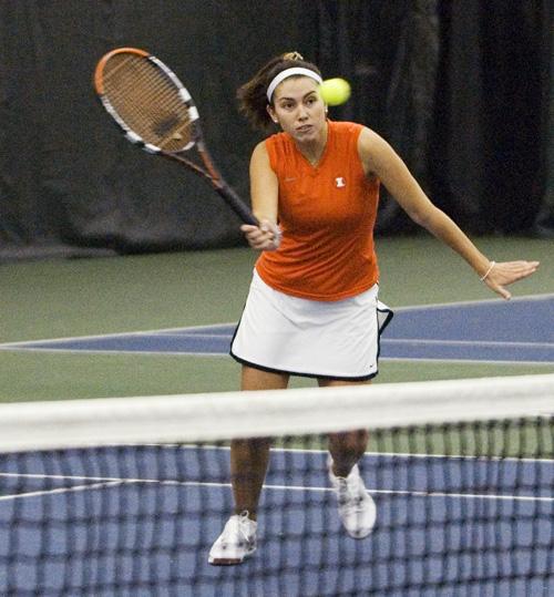 Ned Mulka The Daily Illini Illinois Leigh Finnegan returns the ball during doubles play against Kansas University at the Atkins Tennis Center on Friday, February 6th, 2009.The Illini swept the Jayhawks 7-0 in singles play.
