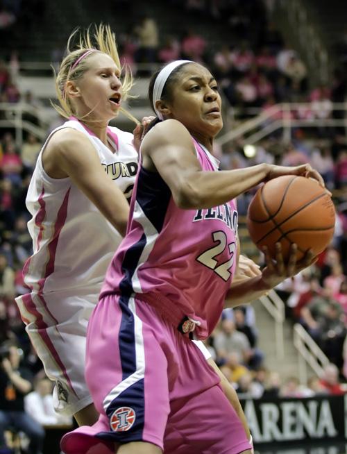 Illinois Lacey Simpson pulls down a rebound in front of Purdues Natasha Bogdanova during an NCAA college basketball game Sunday, Feb. 15, 2009, in West Lafayette, Ind. Purdue beat Illinois 68-50. (AP Photo/Journal & Courier, John Terhune)
