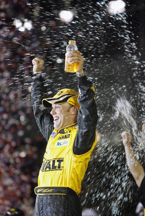 Matt Kenseth celebrates after winning the rain-shortened NASCAR Daytona 500 auto race at Daytona International Speedway in Daytona Beach, Fla., Sunday, Feb. 15, 2009. Don Montague, The Associated Press
