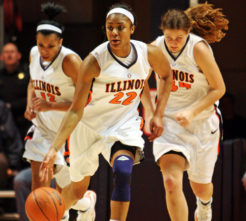 Lacey Simpson (22), Jenna Smith (13) and Lana Rukavina (34) drive down the court during the game against Michigan State in the Assembly Hall on Feb. 5. The Illini will play Northwestern Thursday at the Assembly Hall. Erica Magda
