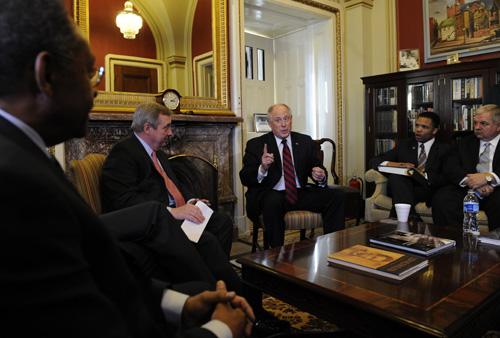 During a meeting on Capitol Hill in Washington on Tuesday, Illinois Gov. Pat Quinn, center, speaks to, from left, Sen. Roland Burris, D-Ill., Sen. Richard Durbin, D-Ill., Quinn, Rep. Jesse Jackson, Jr., D-Ill., and Rep. Phil Hare, D-Ill. Susan Walsh, The Associated Press
