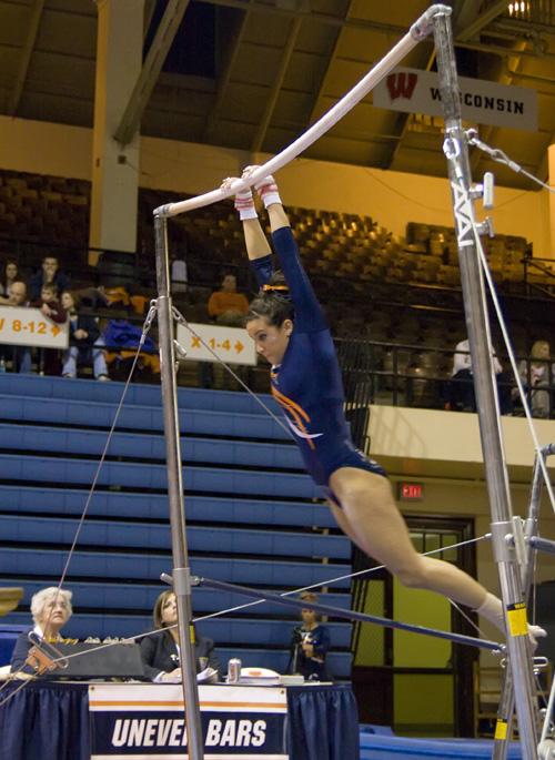 Sarah Schmidt competes on bars against Iowa in Huff Hall on Jan. 24. Erica Magda

