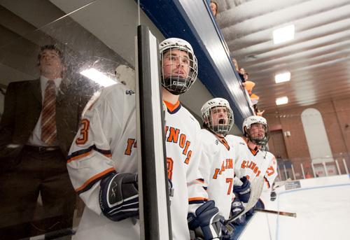 Members of the Illinois hockey club react to a call by the referee during the match against Lindenwood University at the Ice Arena on Feb. 13. The Illini lost 4-1 and 4-0 to Lindenwood over the weekend and are preparing to face Iowa State. Erica Magda

