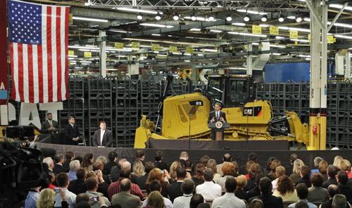 President Barack Obama addresses employees at the Caterpillar plant in East Peoria, Ill., Thursday. Charles Rex Arbogast, The Associated Press

