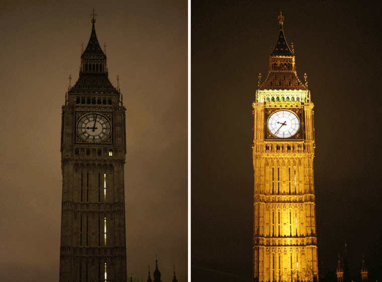 A combination picture shows the landmark St. Stephens tower of the Houses of Parliament in central London during Earth Hour, left, and right, following the action, Saturday March 28, 2009. From the Great Pyramids to the Acropolis and the Las Vegas strip, nearly 4,000 cities and towns in 88 countries joined in the (WWF) World Wildlife Fund-sponsored event, a time zone-by-time zone plan to dim nonessential lights between 8:30 p.m. and 9:30 p.m local time to raise awareness about climate change and the threat from rising greenhouse gas emissions.
