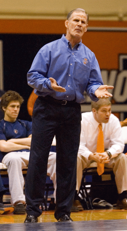 Illinois head coach Mark Johnson watches during the wrestling match at Huff Hall on Friday, Feb. 13th, 2009. Johnson earned his 200th win with the Illini at Wisconsin last weekend.
