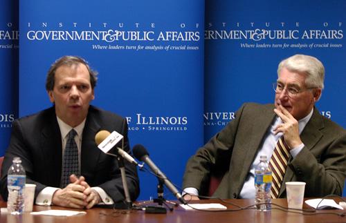 Illinois Senate President John Cullerton, left, speaks as former Illinois Gov. Jim Edgar looks on at the Institute of Government and Public Affairs in Urbana on Monday. Cullerton was on campus to speak about the state of Illinois and the problems facing Illinois state government in the coming years. Michael Cozza
