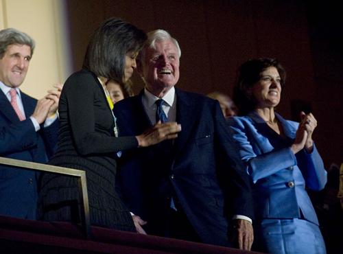 Sen. Edward Kennedy, D-Mass., second from right, watches President Barack Obama during a musical birthday salute to Kennedy with first lady Michelle Obama, second from left, his wife, Vicki Kennedy, right, and Sen. John Kerry, D-Mass. Kevin Wolf, The Associated Press
