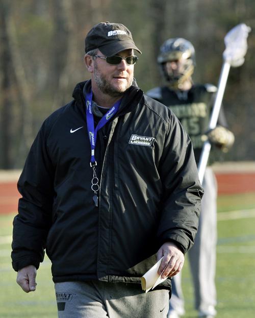 Bryant University lacrosse coach Mike Pressler presides over the teams practice on campus in Smithfield, R.I. Thursday, Feb. 26, 2009. Pressler was convinced hed never coach again after he was forced to resign from Duke University, when three of his lacrosse players were accused of raping a stripper. But three years later, with allegations debunked, Pressler is relishing a resurgent career at Bryant University. (AP Photo/Elise Amendola)
