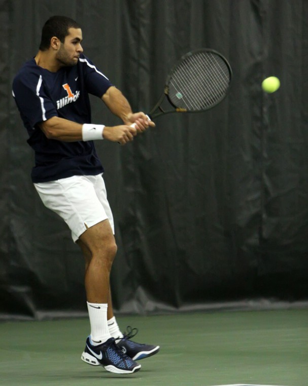 Meedo El Tabakh plays doubles during the match against Northern Illinois in Atkins Tennis Center on March 1. El Tabakh lost a tight match against Texas A&M;.

