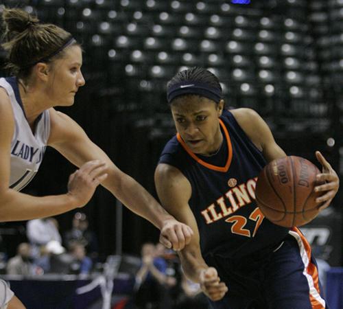 Illinois forward Lacey Simpson, right, drives to the basket against Penn State forward Julia Trogele during the second half of an NCAA college basketball game at the Big Ten Conference womens tournament in Indianapolis, Thursday, March 5, 2009. Illinois won 58-49. (AP Photo/Darron Cummings)
