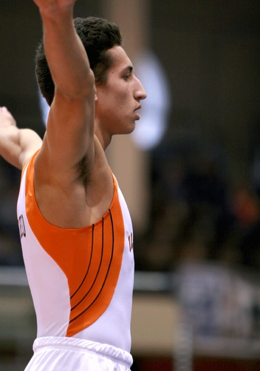 Illinois Daniel Ribeiro competes on the floor exercise during the gymnastics meet against UIC on Saturday, March 7, 2009 at Huff Hall. Illinois defeated UIC 357.85-342.8
