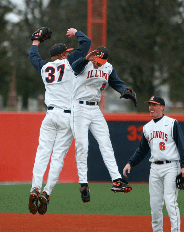 Illinois pitcher Will Strack (37) celebrates with teammate Josh Parr (9) after defeating Michigan State 3-0 on Sunday, March 29, 2009 at Illinois Field.

