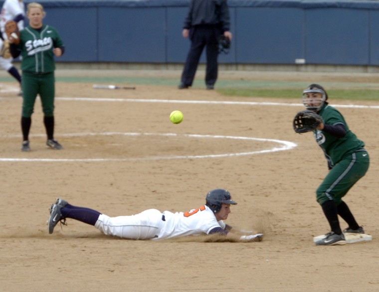 Illinois Lana Armstrong slides into second base at the game against Michigan State on Sunday April 13.
