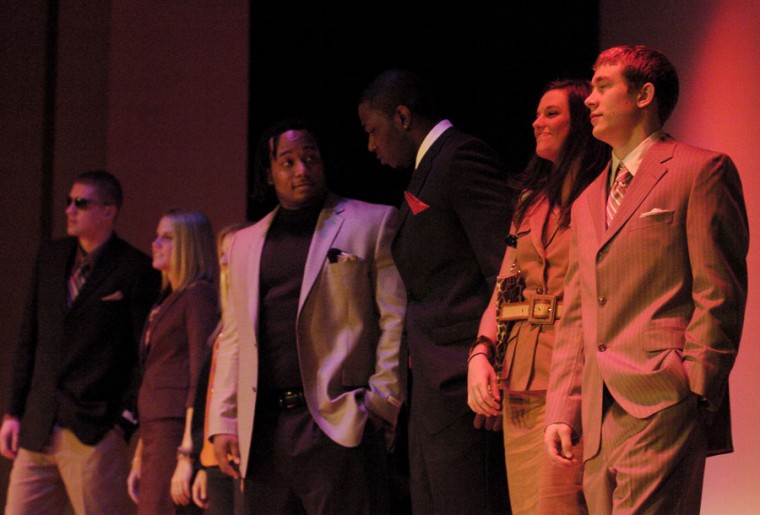 Senior athletes pose on the stage of Foellinger Auditorium during the University of Illinois Student Athlete Advisory Committee Fashion Show and Silent Auction on Tuesday, April 21, 2009. The event raised money for the American Cancer Society in honor of former Illinois football player Chris Norwell.
