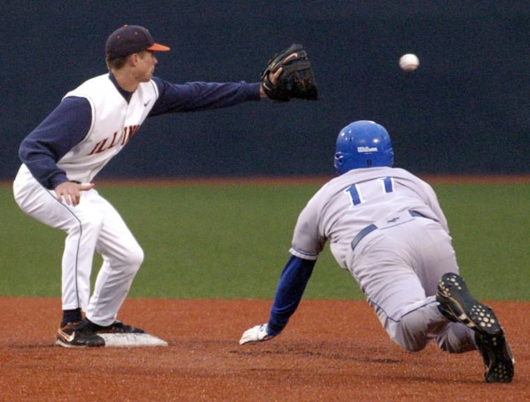 Second baseman Josh Parr tags a runner out at second base during the Illini baseball teams game against Eastern Illinois at Illinois Field in Urbana, April 14, 2009.
