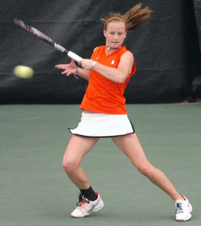 Amy Allin plays singles against Kristy Filling of Notre Dame on Wednesday, April 7. She lost the match two sets to one.
