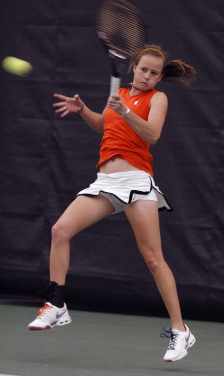 Amy Allin plays singles against Kali Krisik of Notre Dame on Tuesday, April 7. She loses the game two sets to one.
