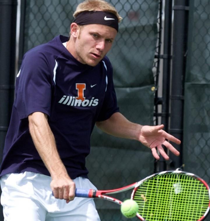 Illinois Marek Czerwinski returns a ball during doubles play against Ohio State at the Khan Outdoor Tennis Complex on Sunday, April 12, 2009 in Urbana. The No. 11 Illini fell to the No. 3 Buckeyes 6-1.
