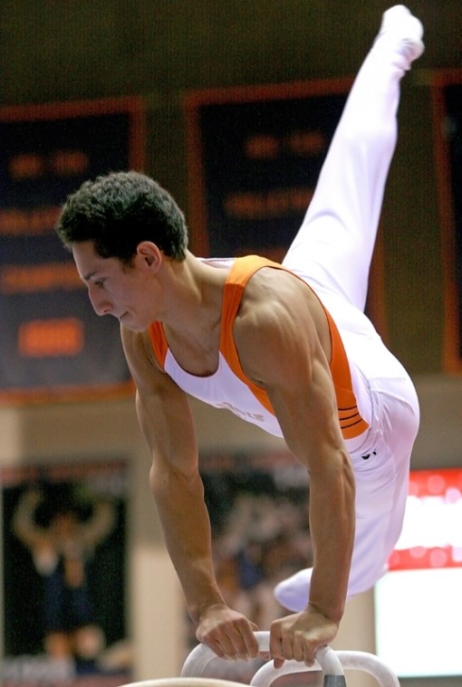Illinois Daniel Ribeiro competes on the pommel horse during the gymnastics meet against UIC on Saturday, March 7, 2009 at Huff Hall. Illinois defeated UIC 357.85-342.8
