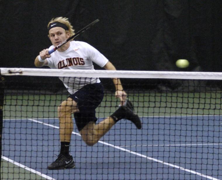 Illinois Marek Czerwinski returns a ball in a doubles match against Purdue at the Atkins Tennis Center on Friday Feb. 27, 2009. Czerwinski and partner Marc Spicijaric lost in a close 9-8 match.
