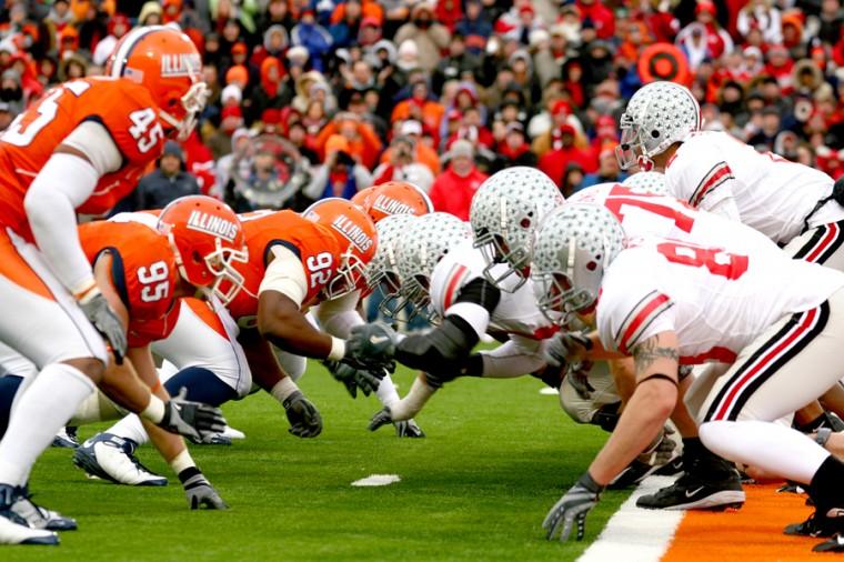 Illinois Josh Brent (92) moves after the snap during a play on the Ohio State one-yard line, Saturday Nov.15 at Memorial Stadium. Brent will play this Saturday against Missouri after serving time in jail this off-season for a DUI arrest.
