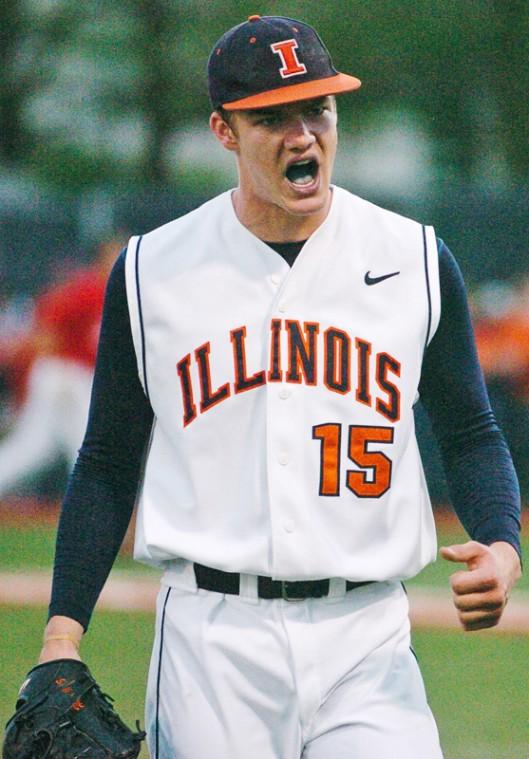 Starting pitcher Phil Haig (15) reacts to a strikeout during Illinois' game against Ohio State on May 8th, 2009 at Illinois Field in Urbana. The Illini would come back from a 4-1 deficit to win the game 5-4. in the ninth inning.
