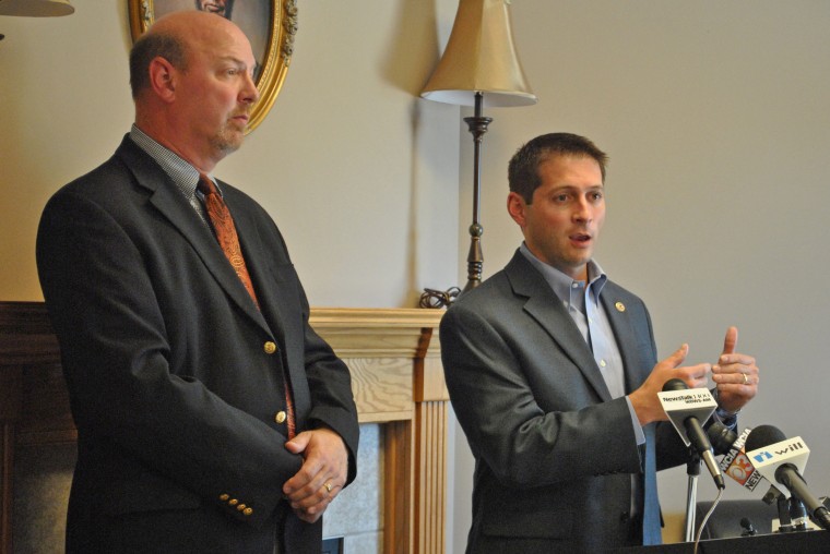 From left, Representatives Chad Hays and Jason Barickman call for an end to the General Assembly Scholarship program on Tuesday amidst an investigation regarding the wrongdoing behind the selection process.
