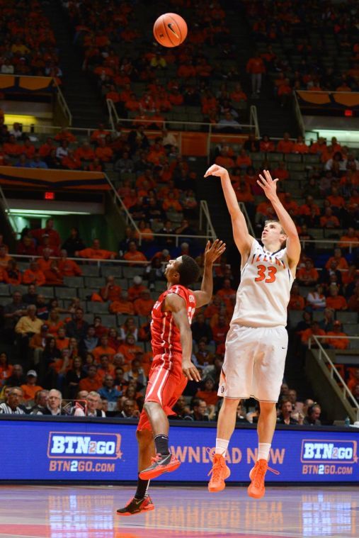 Illinois Jon Ekey (33) shoots from the three-point line during the game against Bradley at State Farm Center in Champaign, Ill. on Sunday, Nov. 17, 2013. The Illini won 81-55.