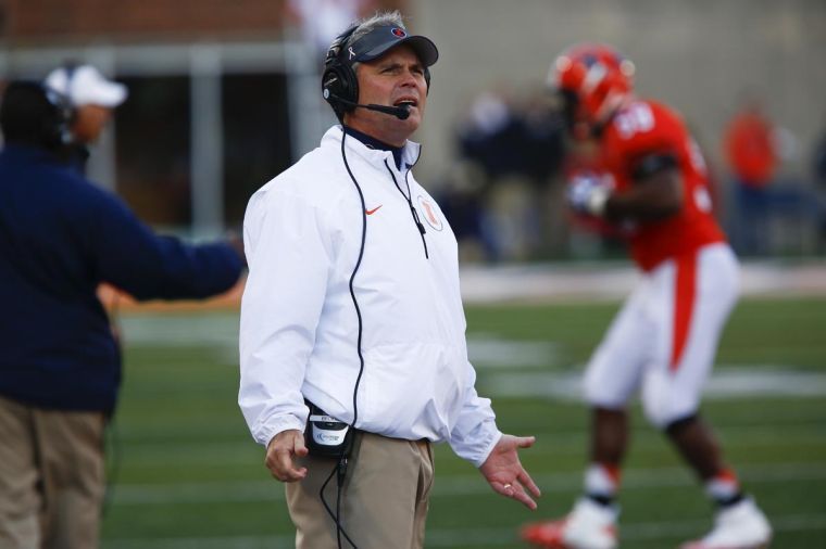 Illinois’ head coach Tim Beckman reacts to a holding call during the homecoming game against Michigan State at Memorial Stadium in Champaign, Ill. on Oct. 27. The Illini lost 42-3.