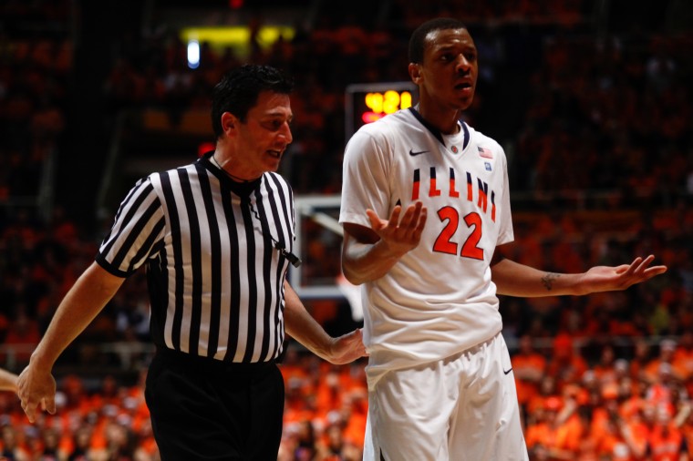 Illinois Jereme Richmond (22) questions of referees foul call during the basketball game against Purdue at the Assembly Hall on Feb. 13, 2011.