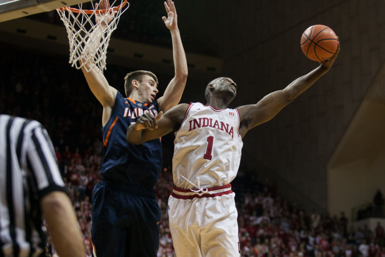 Forward Noah Vonleh grabs a rebound during the first half of Sundays game against Illinois at Assembly Hall. Indiana won 56-46.
