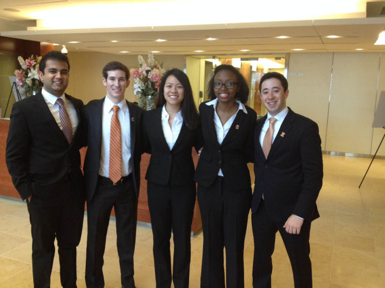 Saajan Patel, left, Michael Bosworth, Naomi Liu, Jasmine Joda and Joshua Wolken pose for a photo after competing in the PricewaterhouseCoopers’ annual accounting challenge in New York City. 
