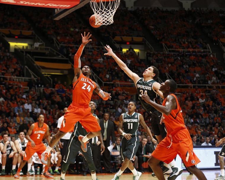 Illinois’ Rayvonte Rice attempts a layup during the game against Michigan State at State Farm Center on Jan. 18. Rice is Illinois’ leading scorer this season.