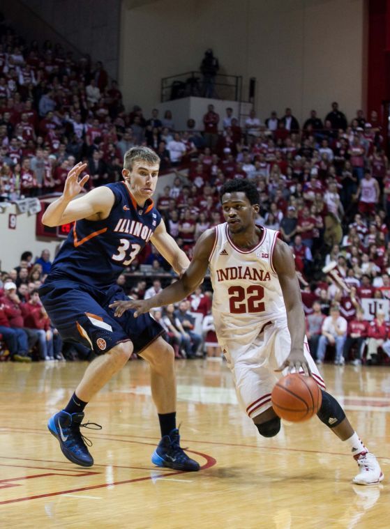 Guard Stanford Robinson drives into the lane during Sundays game against Illinois at Assembly Hall. Indiana won 56-46.