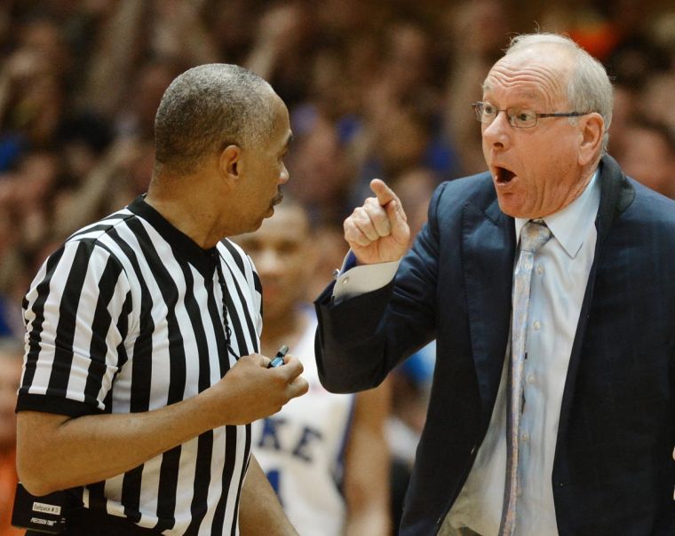 Syracuse head coach Jim Boeheim gets in referee Tony Greenes face and is ejected with 11 seconds left in the game against Duke at Cameron Indoor Stadium in Durham, N.C., Saturday, Feb. 22, 2014. Duke won, 66-60. 