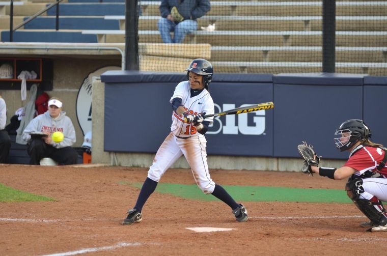 Alex Booker (15) bats during the second game of a double header against Indiana on Saturday at Eichelberger Field. The Illini won 1-0.