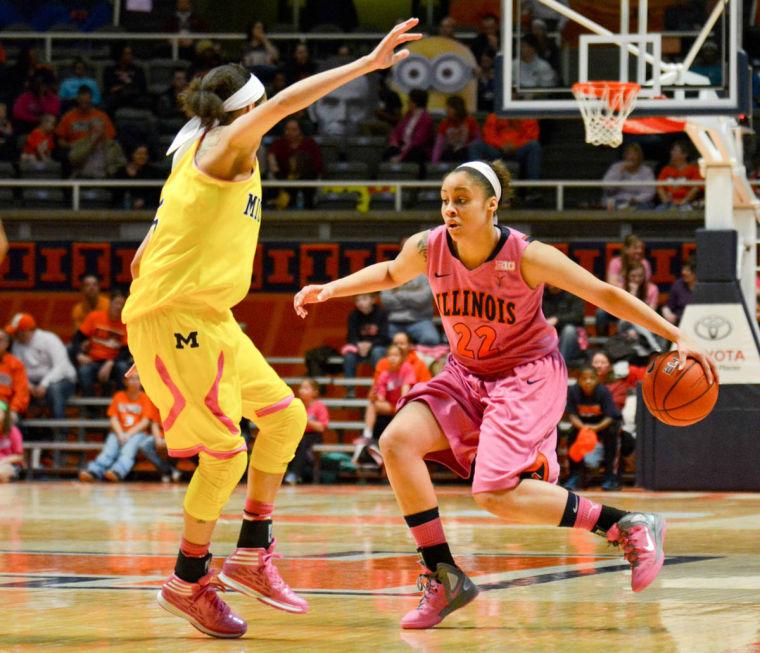 Illinois+Ivory+Crawford+%2822%29+dribbles+around+a+defender+during+the+game+against+Michigan+at+State+Farm+Center+on+Sunday%2C+Feb.+16.+The+Illini+lost+70-63.