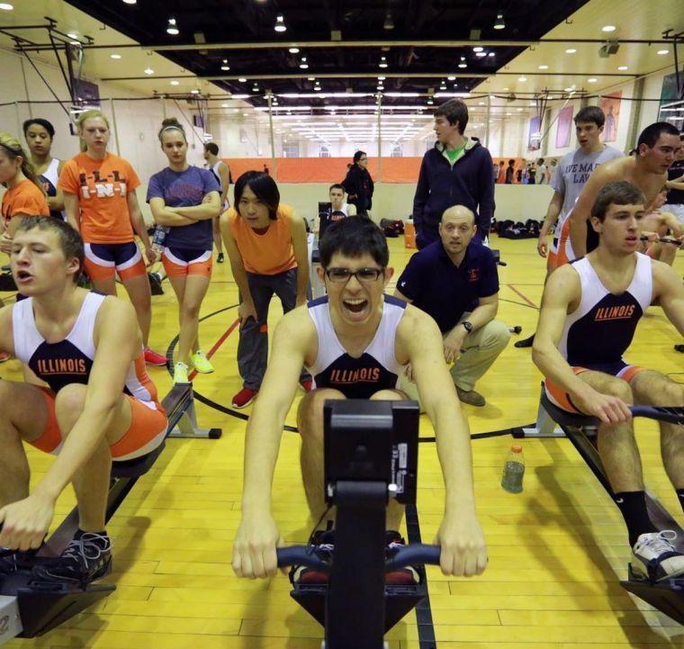 Lucas Gonzalez, a sophomore in Engineering, races a 2k race against other Illinois’ Rowing athletes at the Illini indoor on Feb. 2, 2013 at the ARC gym.