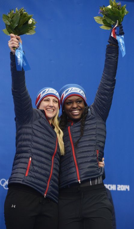 USA-2+bobsled+driver+Jamie+Greubel%2C+left%2C+and+Aja+Evans+place+third+in+the+womens+bobsled+finals+during+the+Winter+Olympics+on+Wednesday%2C+Feb.+19%2C+2014%2C+in+Sochi%2C+Russia.