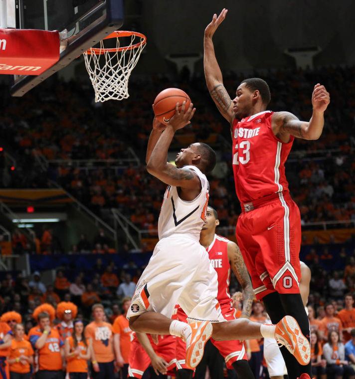 Illinois Tracy Abrams (13) attempts a layup during the game against No. 22 Ohio State at State Farm Center on Sat., Feb. 15. The Illini lost 48-39.