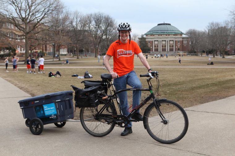Jared Bowman is one of many volunteer bike trailers who will transport e-waste from participating buildings to collection sites to minimize traffic during the collection event from 2 to 6 p.m. on Tuesday.