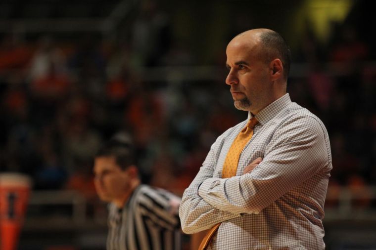 Illinois head coach Matt Bollant looks toward his players during the Illinis loss to Michigan State at Assembly Hall, on Sunday, Jan. 13th, 2013.