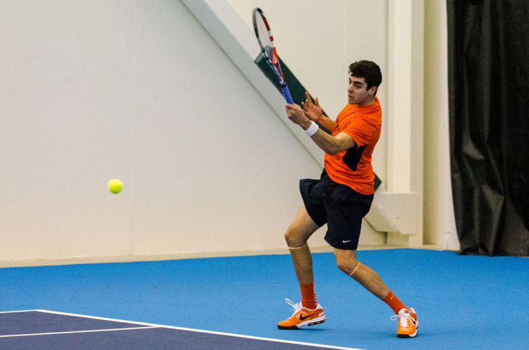 Farris Gosea returns the ball at the Fighting Illini Mens Tennis game against Nebraska last Saturday, March 23. The Fighting Illini shutout Nebraska with a score of 7-0.